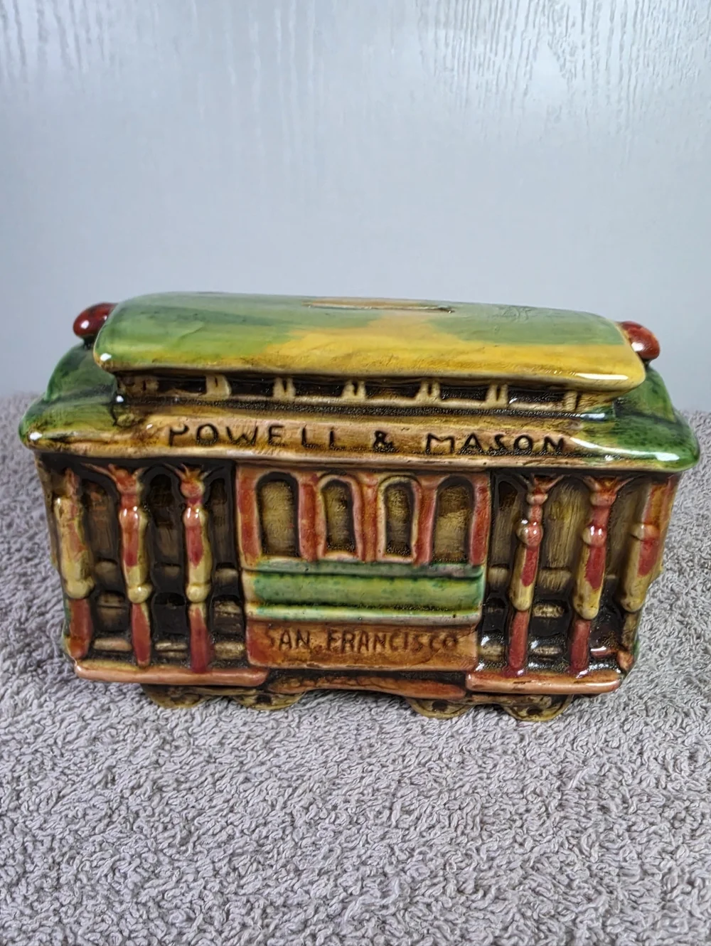 Vintage San Francisco Cable Car Ceramic Bank - Green & Gold